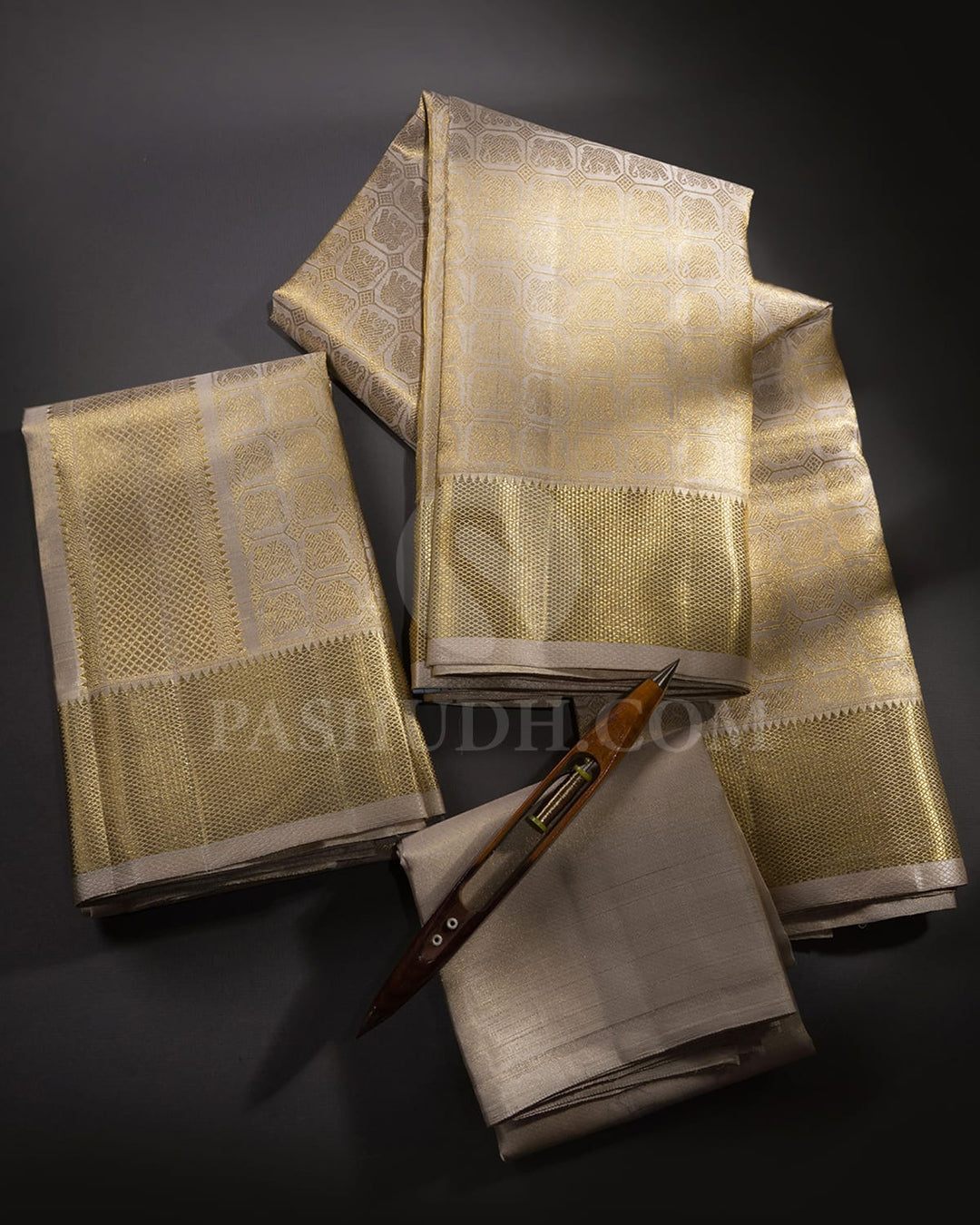 Beige Pure Silk Dhothi With Angavastram-V29