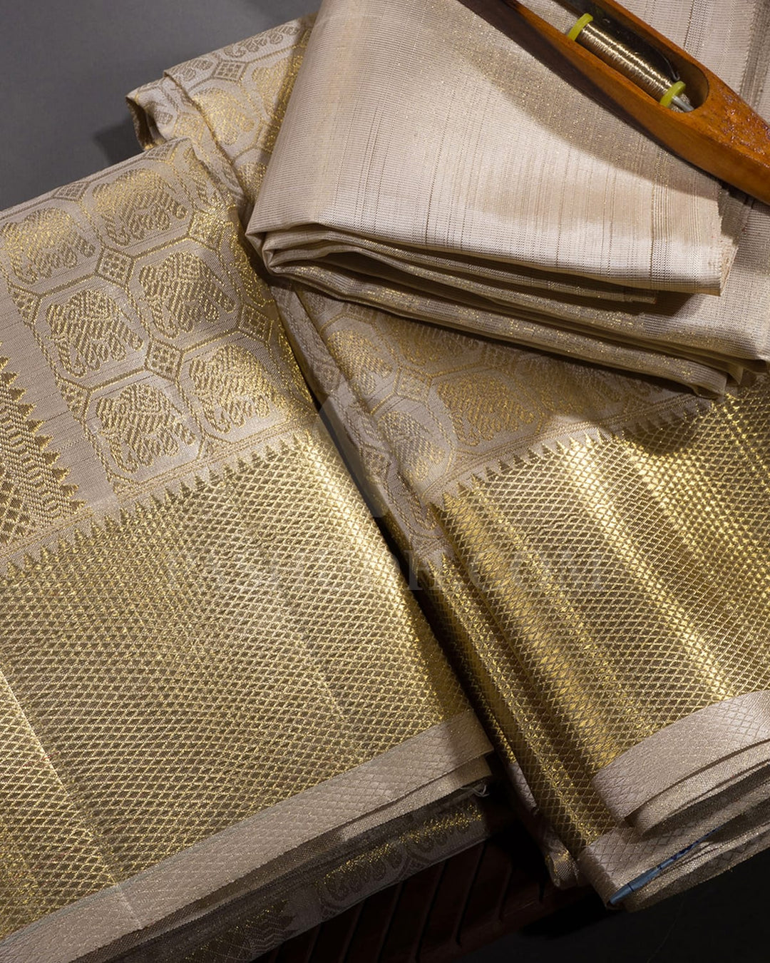 Beige Pure Silk Dhothi With Angavastram-V29