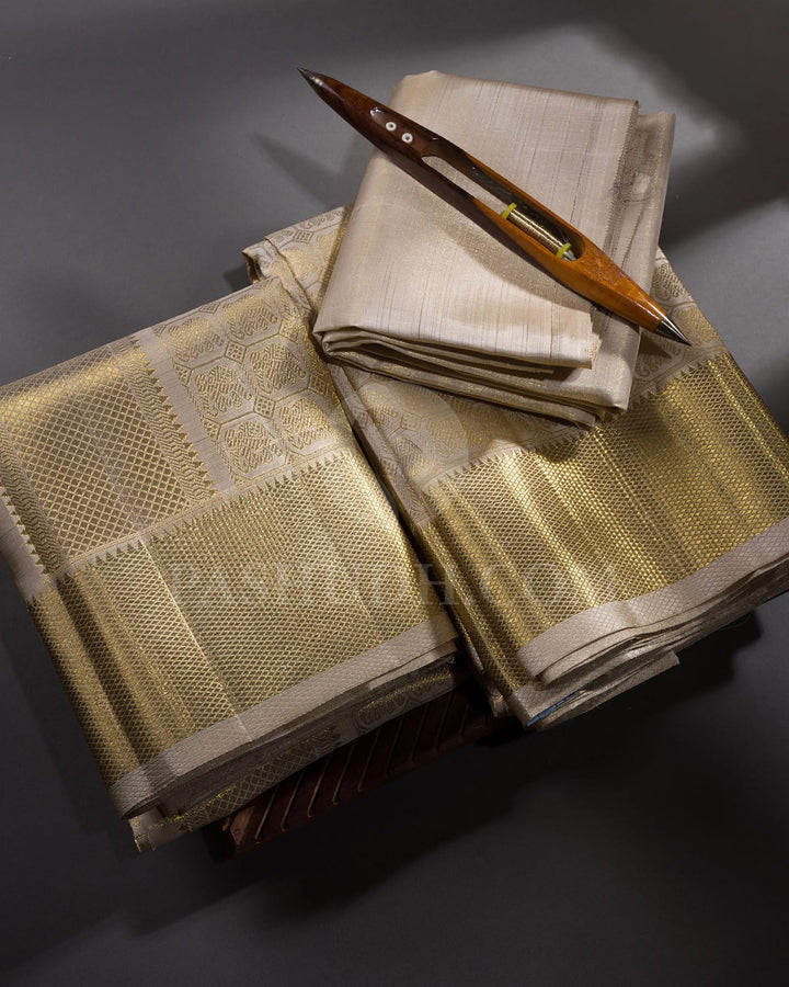 Beige Pure Silk Dhothi With Angavastram-V29