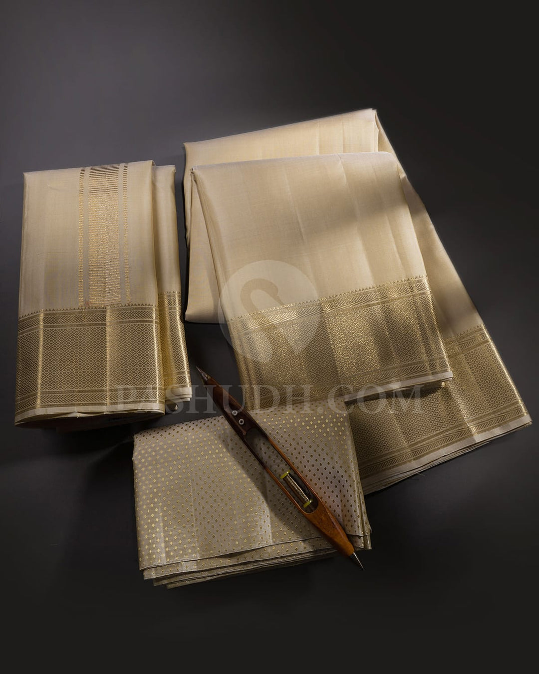 Beige Pure Silk Dhothi With Angavastram-V23