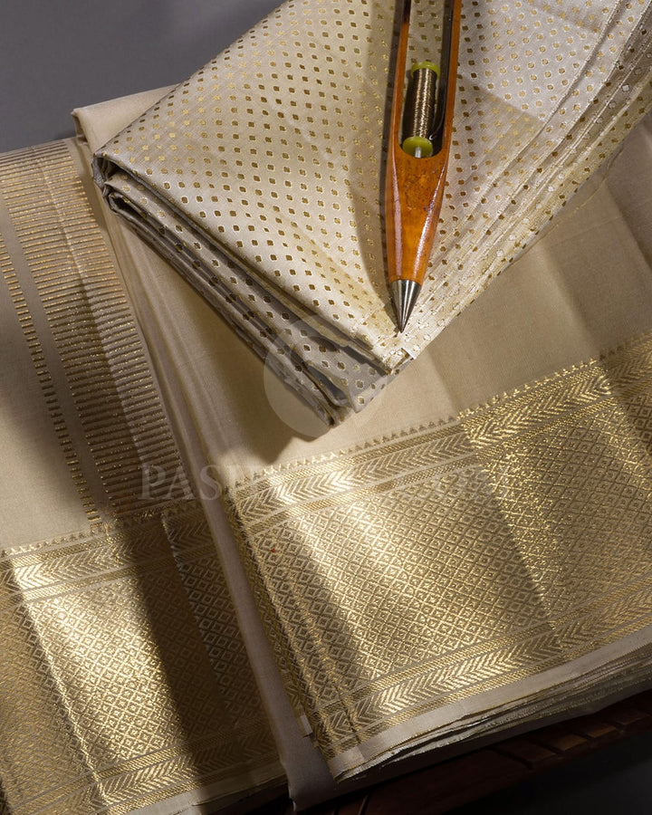 Beige Pure Silk Dhothi With Angavastram-V23