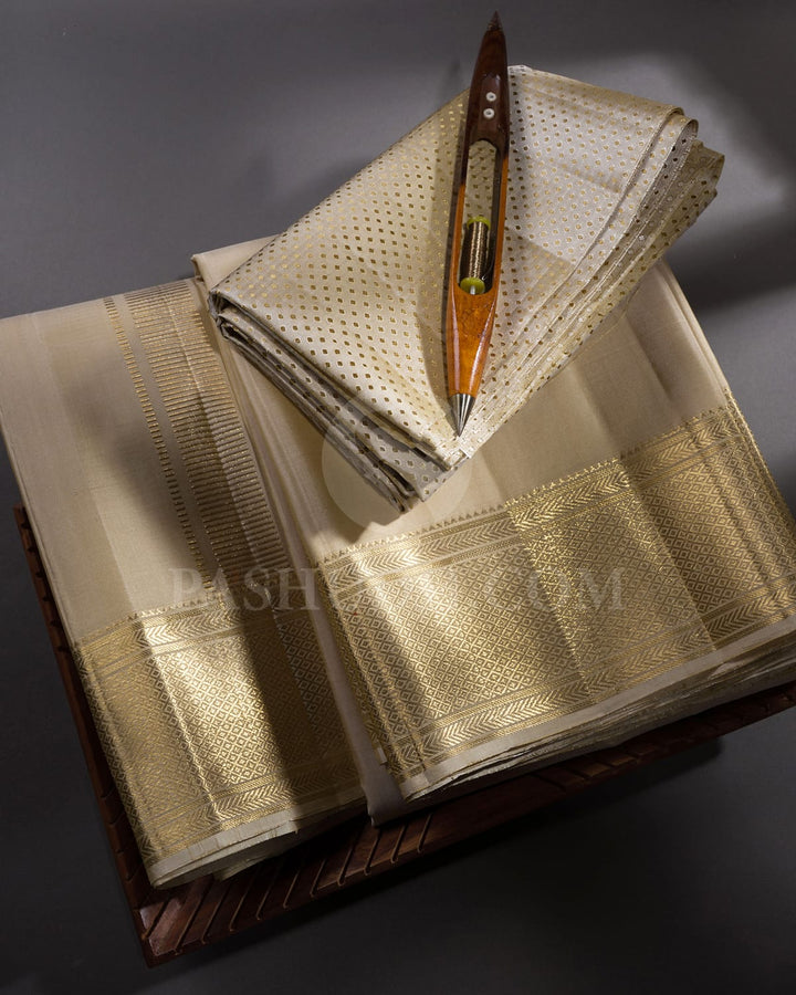Beige Pure Silk Dhothi With Angavastram-V23