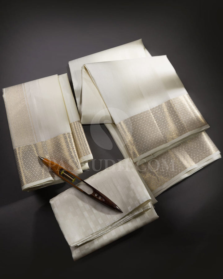 Half White Pure Silk Dhothi With Angavastram-V26