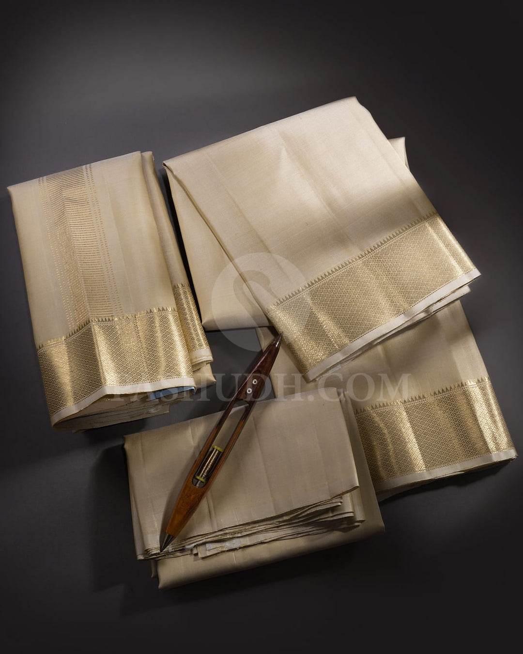 Beige Pure Silk Dhothi With Angavastram-V25
