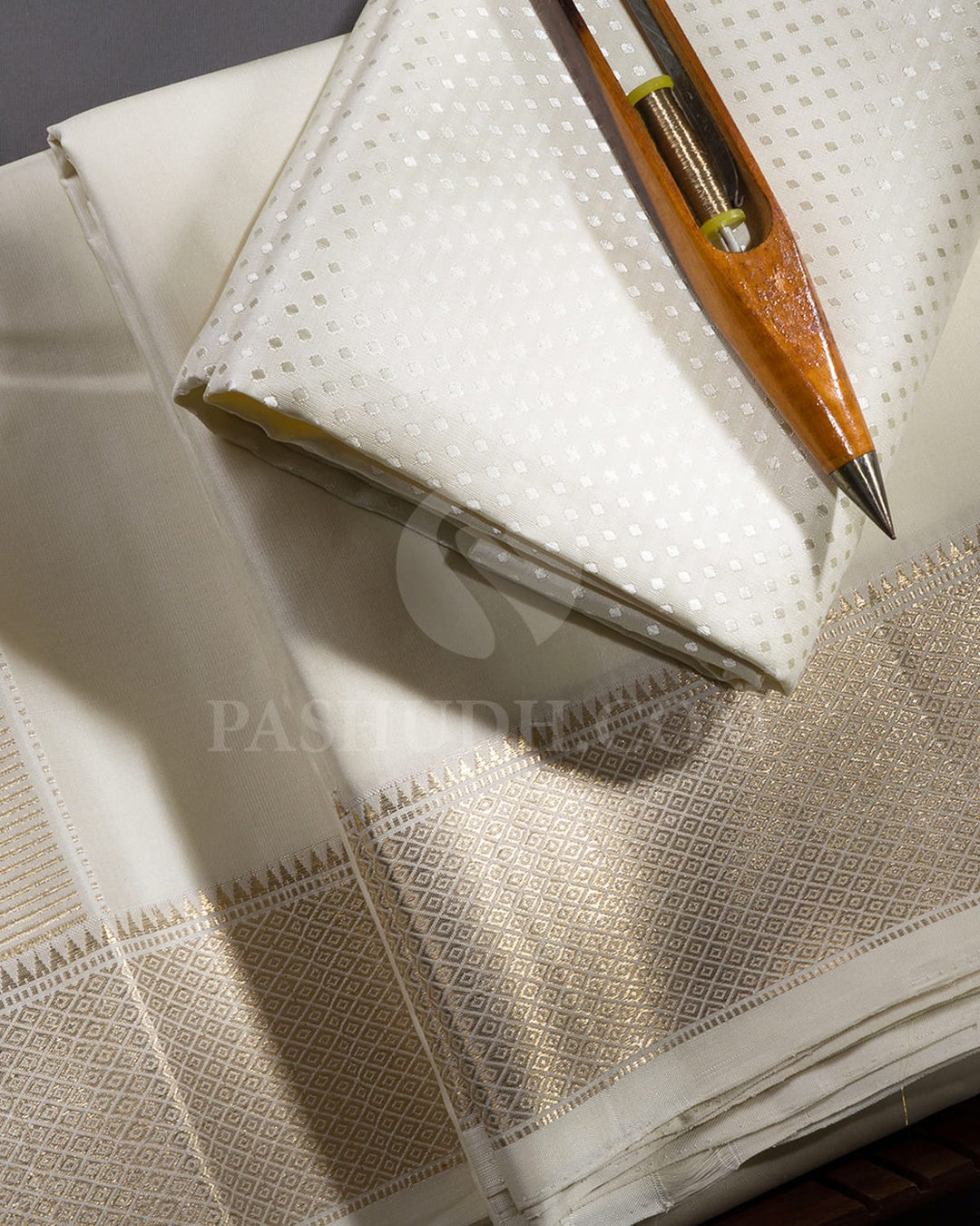 Half White Pure Silk Dhothi With Angavastram-V27