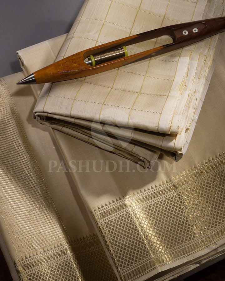 Beige Pure Silk Dhothi With Angavastram-V24
