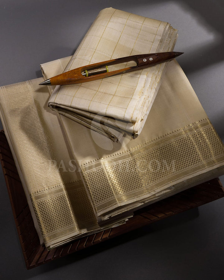 Beige Pure Silk Dhothi With Angavastram-V24