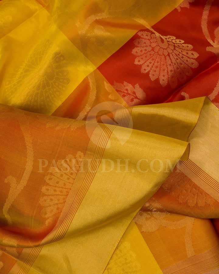 Golden Yellow And Rust Orange Floral Motifs Soft Silk Saree-AC131