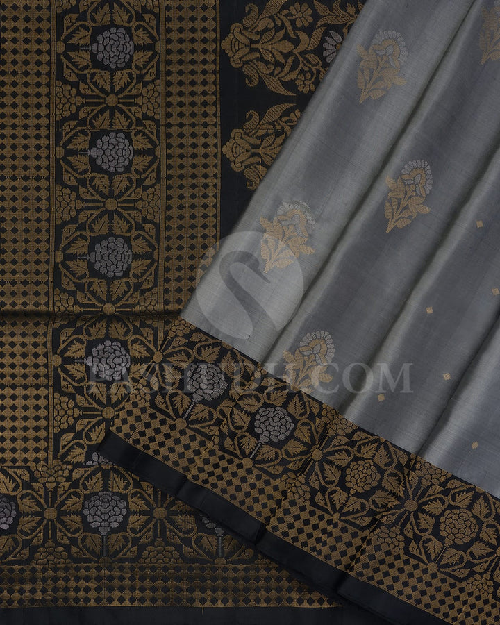 Grey And Black Soft Silk Saree-AC164
