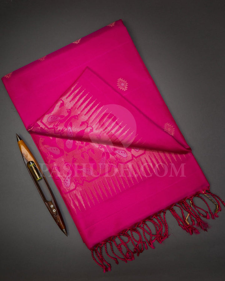 Rani Pink Self Colored Peacock Patterned Soft Silk Saree-AC121