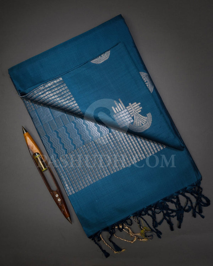 Steel Blue Geometric Patterned Soft Silk Saree-AC180