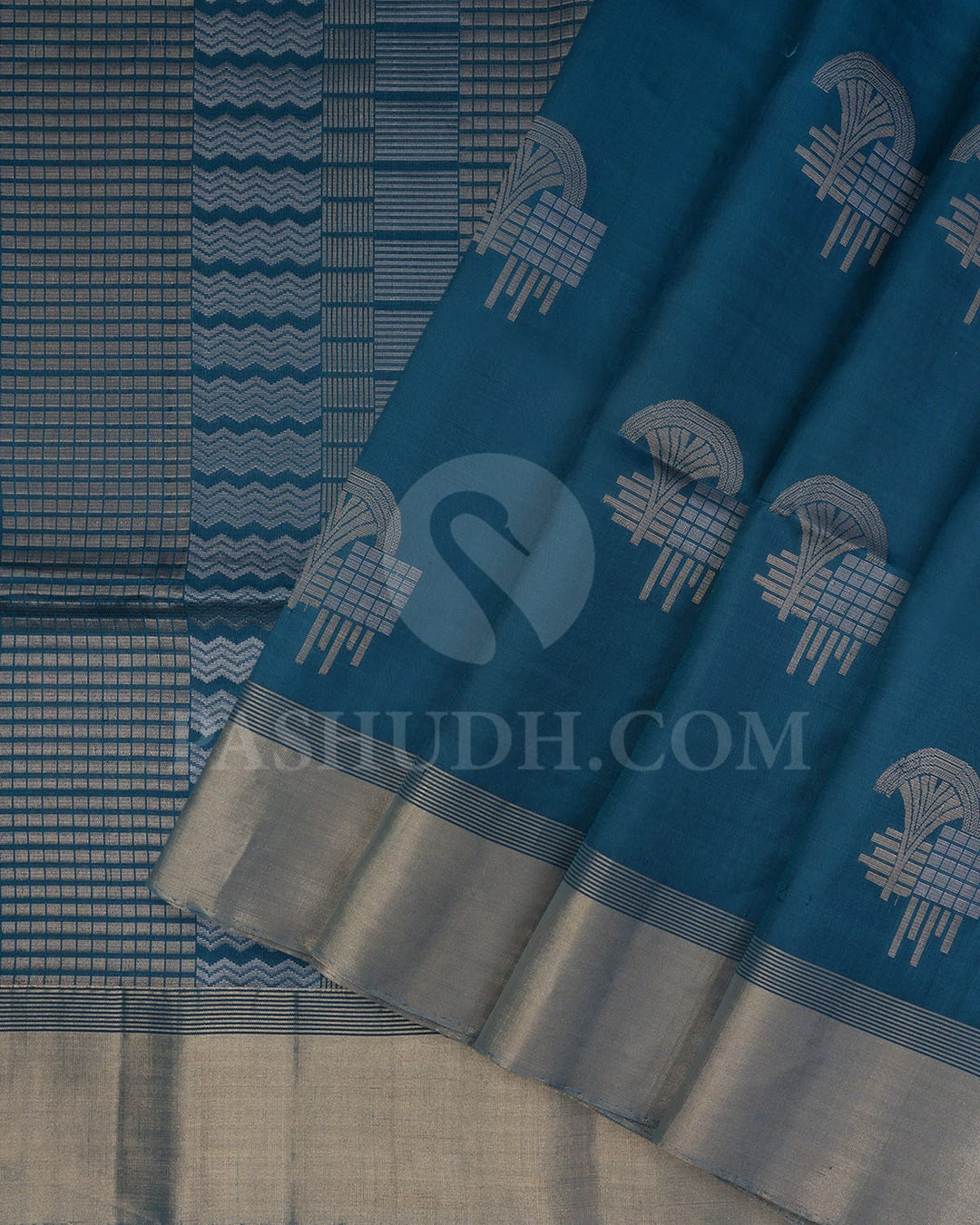 Steel Blue Geometric Patterned Soft Silk Saree-AC180