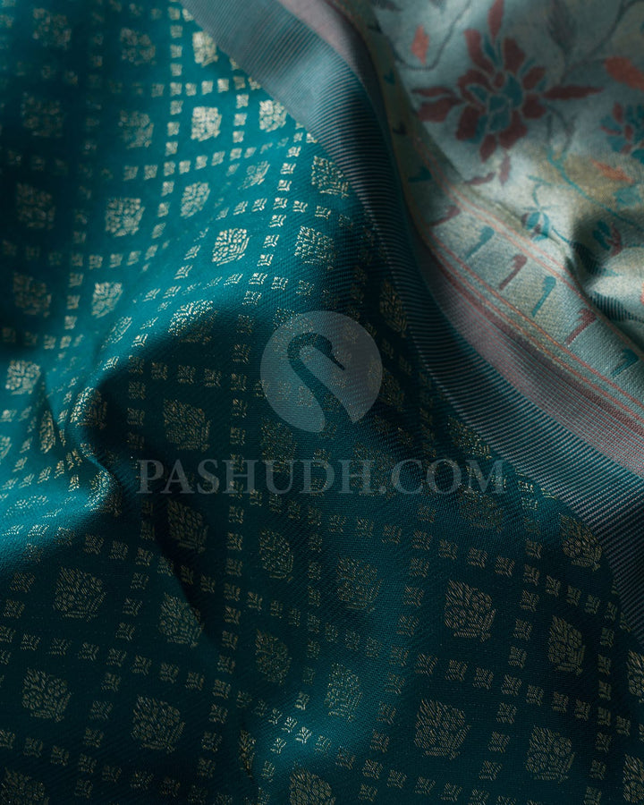 Teal Green With Pastel Green Kanjivaram Silk Saree-DJ364(B)