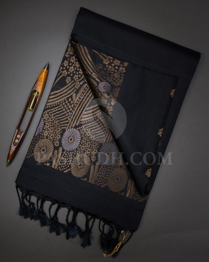 Black Floral Patterned Soft Silk Saree-AC148