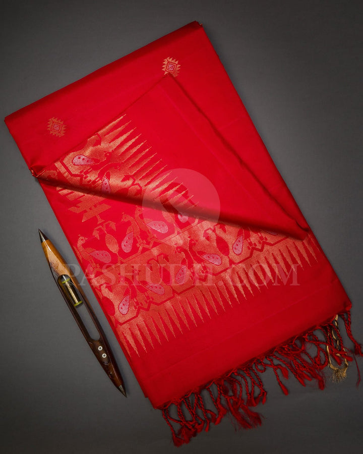 Red Self Colored Peacock Patterned Soft Silk Saree-AC122