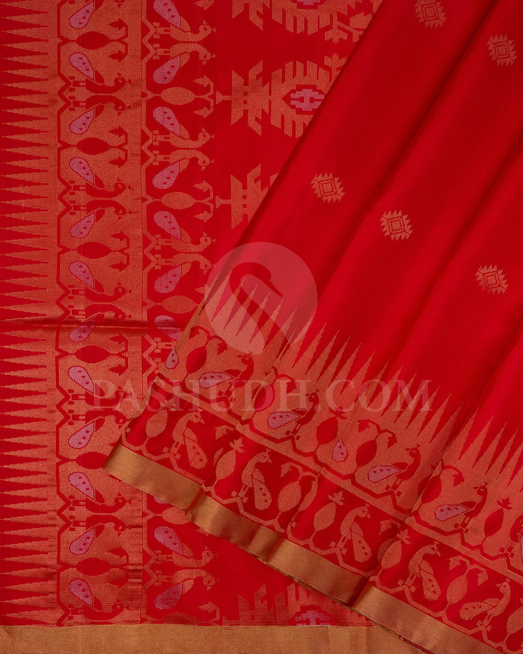 Red Self Colored Peacock Patterned Soft Silk Saree-AC122