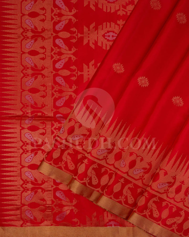 Red Self Colored Peacock Patterned Soft Silk Saree-AC122
