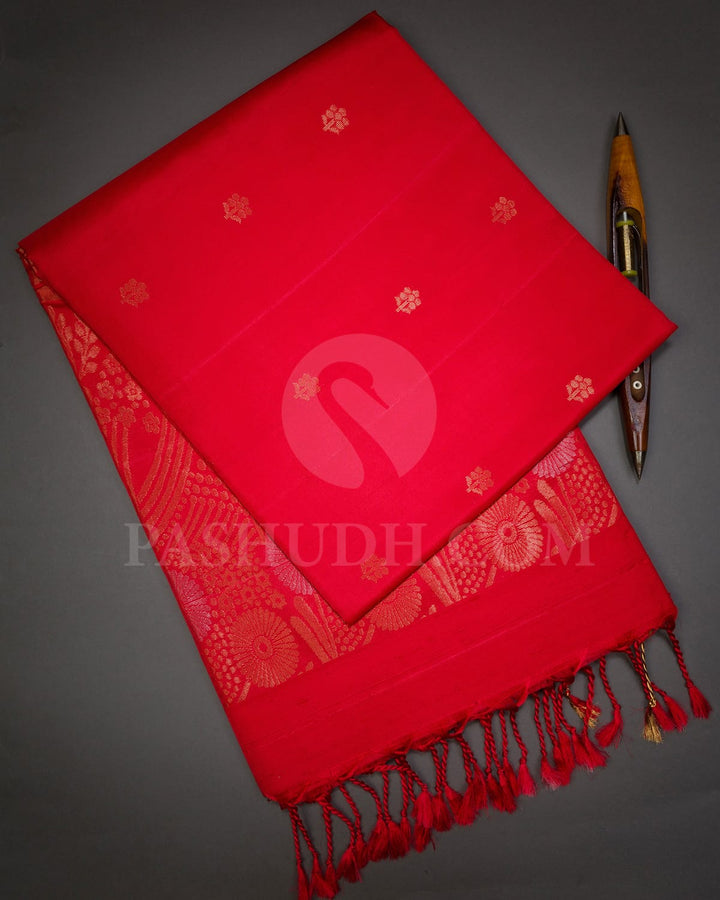 Bright Red Floral Patterned Soft Silk Saree-AC149