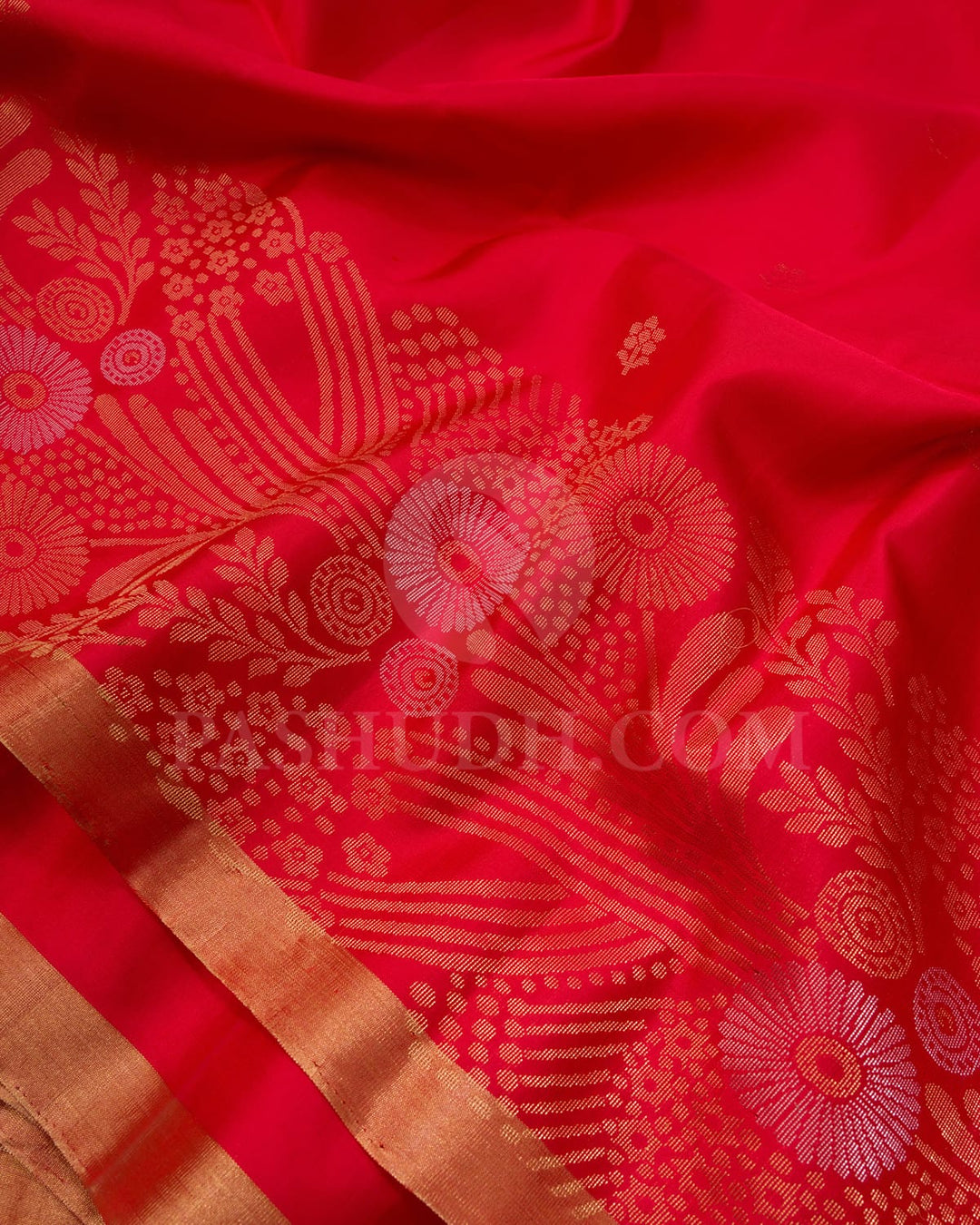Bright Red Floral Patterned Soft Silk Saree-AC149