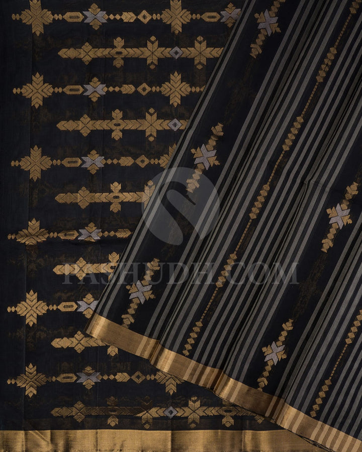 Black Vertical Patterned Organza Soft Silk Saree-AC134