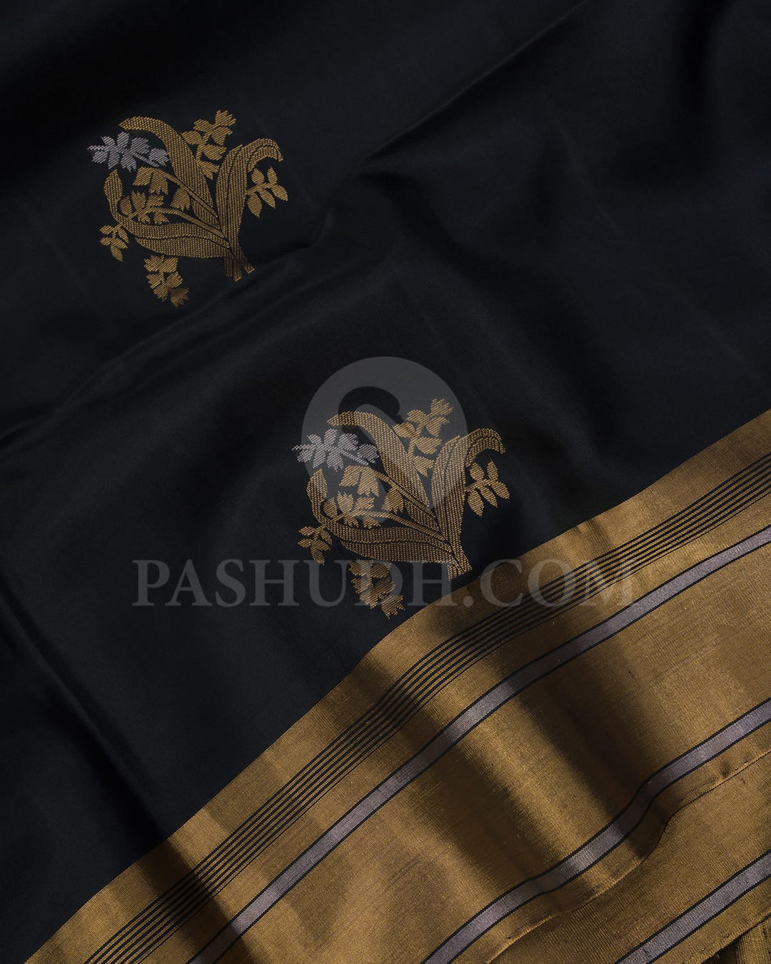 Black Floral Patterned Self Colored Soft Silk Saree-AC112