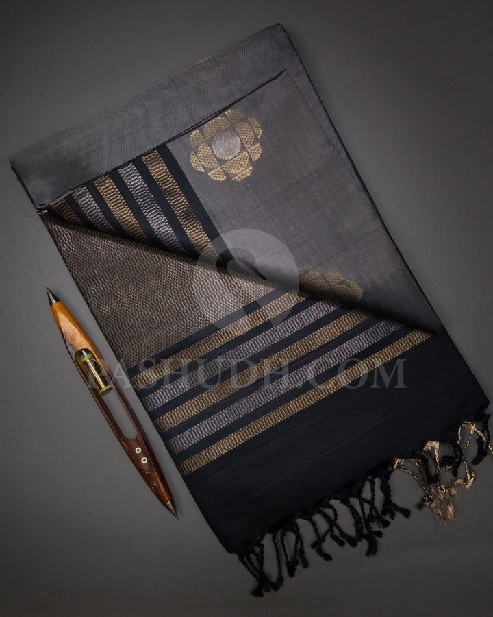 Black And Grey Geometric Patterned Soft Silk Saree-AC170