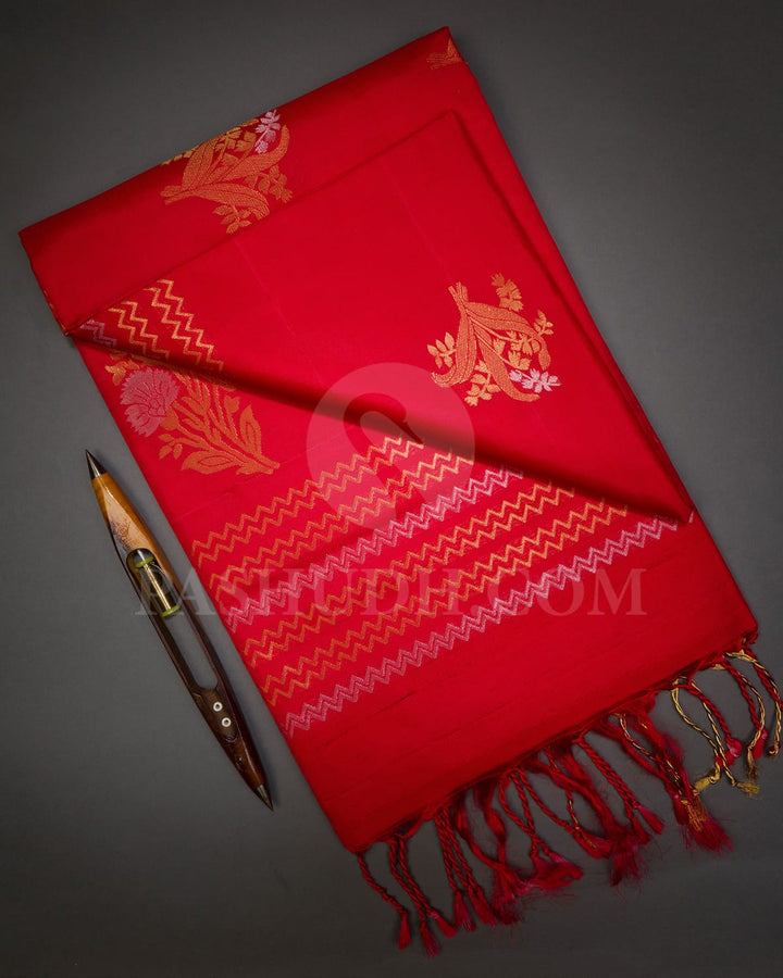 Bright Red Floral Patterned Soft Silk Saree-AC113