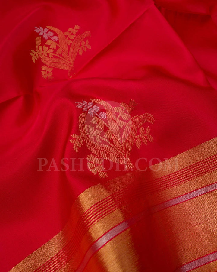 Bright Red Floral Patterned Soft Silk Saree-AC113