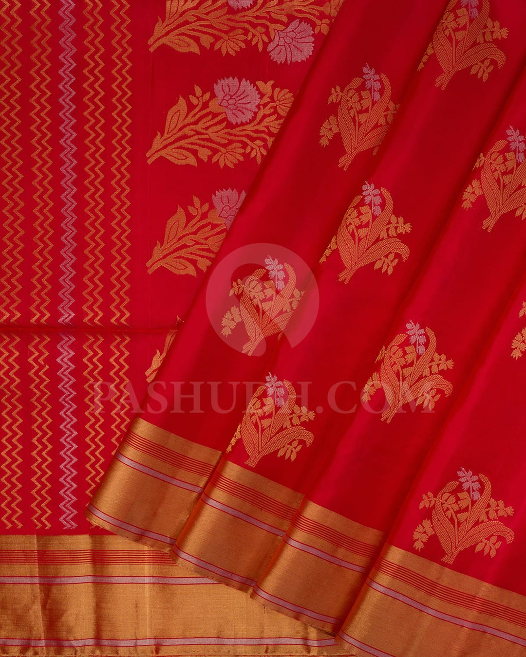 Bright Red Floral Patterned Soft Silk Saree-AC113