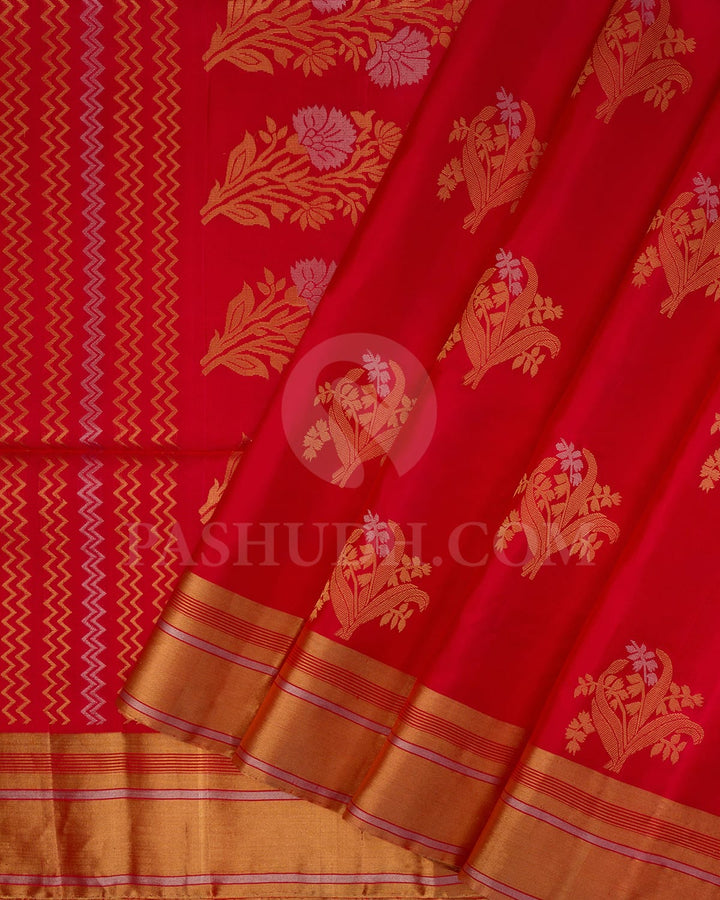 Bright Red Floral Patterned Soft Silk Saree-AC113