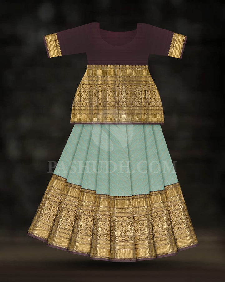 Sky Blue Pattu Paavadai Set With Brown Border-PA14