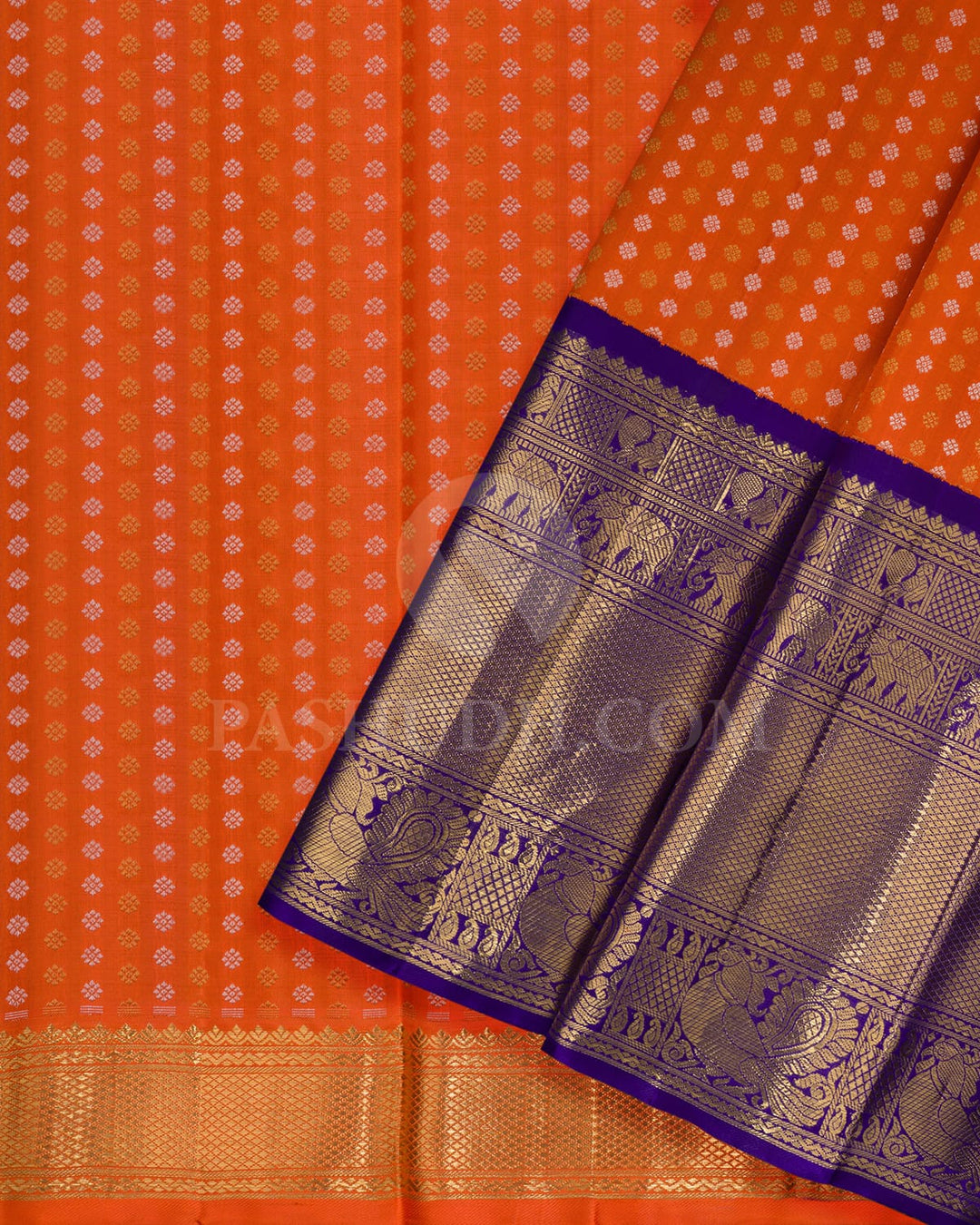 Orange Pattu Paavadai Set With Royal Blue Border-PA13