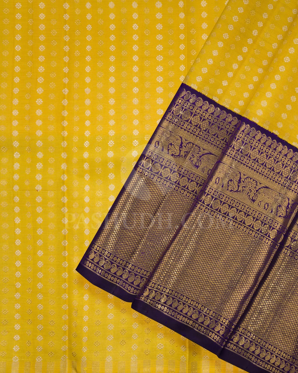 Bright Yellow Pattu Paavadai Set With Royal Blue Border-PA12