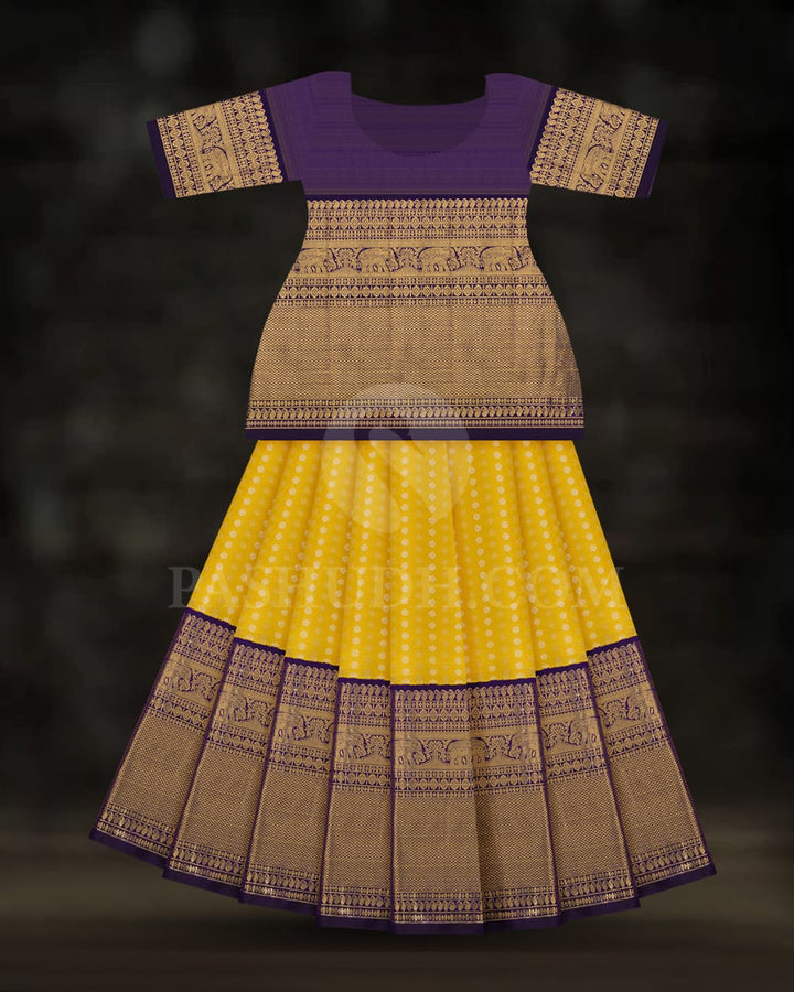 Bright Yellow Pattu Paavadai Set With Royal Blue Border-PA12