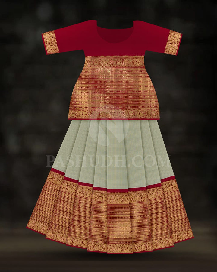 Mild Pista Green Pattu Paavadai Set With Red Border-PA11