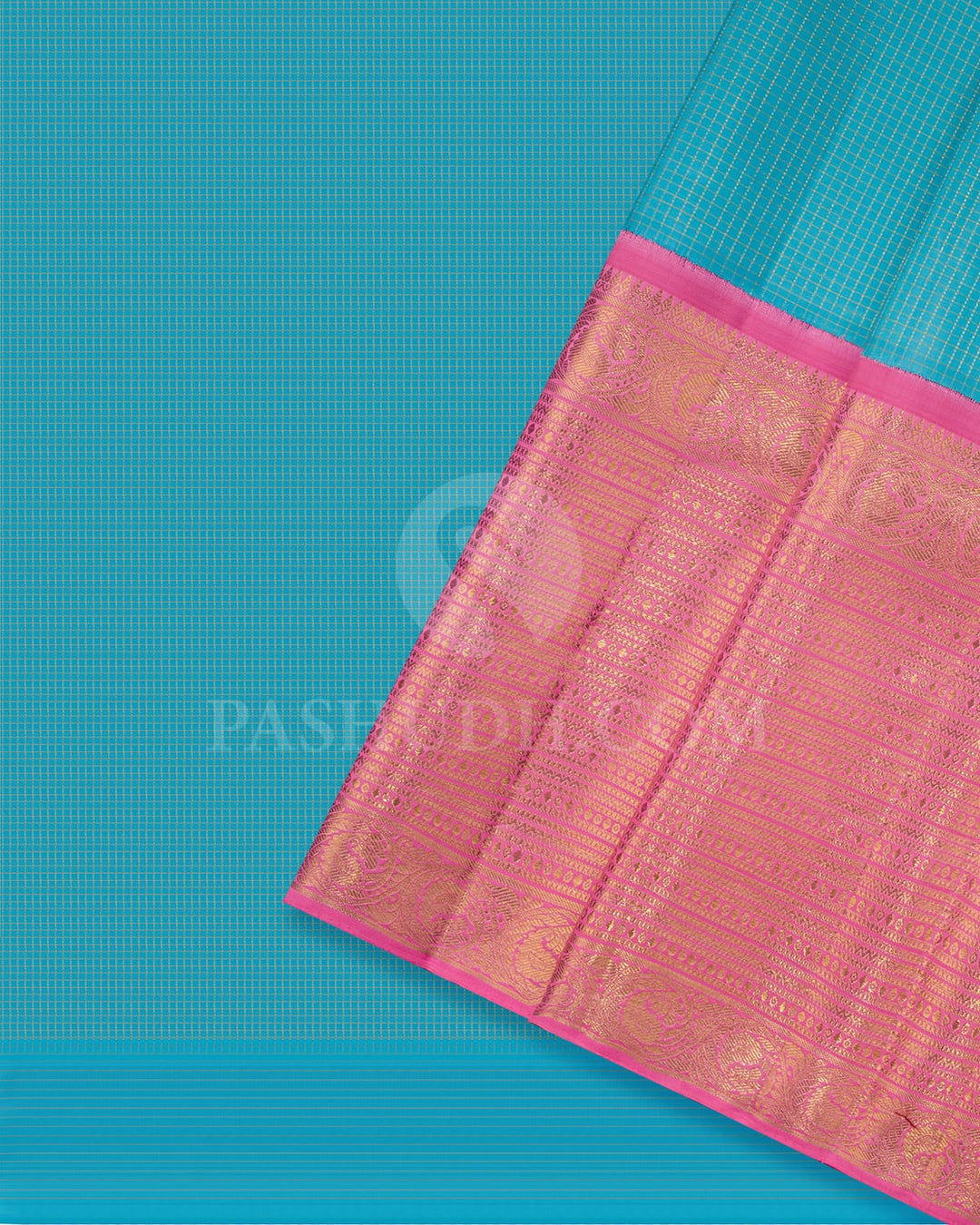 Turquoise Blue Pattu Paavadai Set With Pink Border-PA10