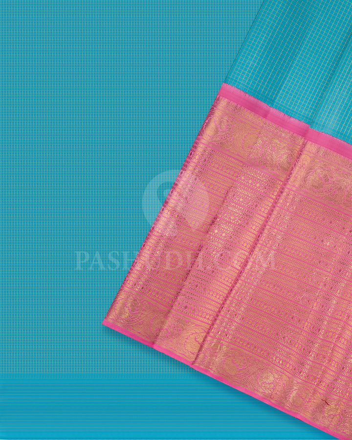 Turquoise Blue Pattu Paavadai Set With Pink Border-PA10
