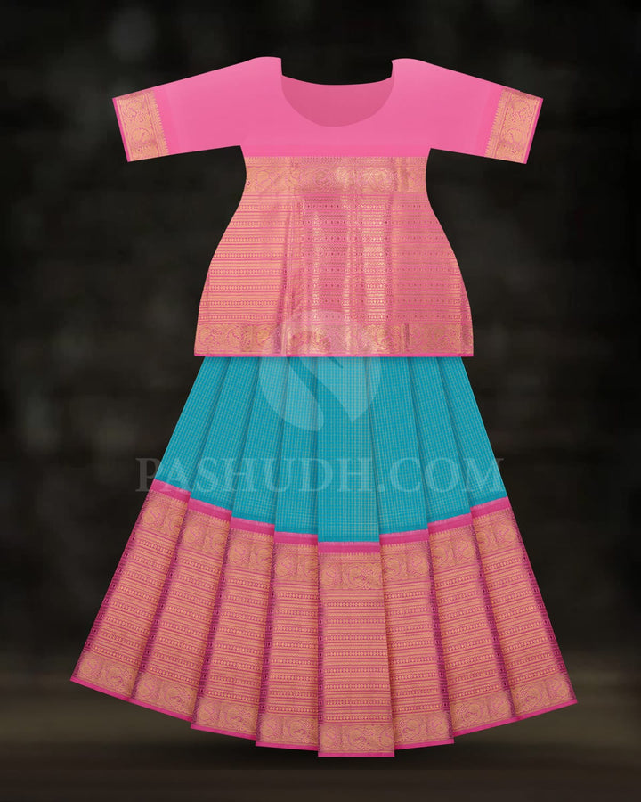 Turquoise Blue Pattu Paavadai Set With Pink Border-PA10
