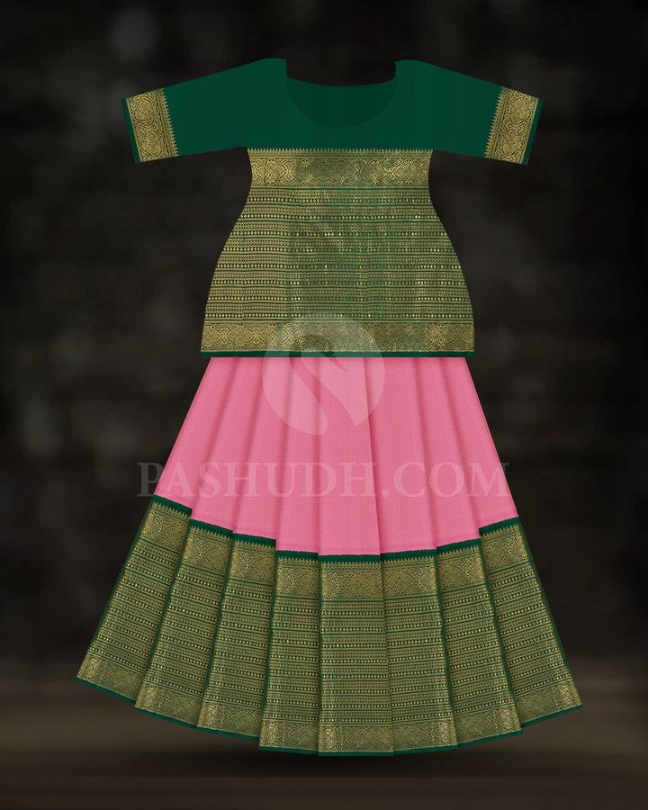 Rose Pink Pattu Paavadai Set With Bottle Green Border-PA9