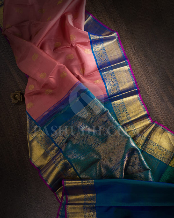 Persian Pink And Cobalt Blue Pure Zari Kanjivaram Silk Saree-SP259