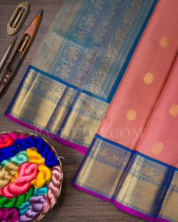 Persian Pink And Cobalt Blue Pure Zari Kanjivaram Silk Saree-SP259