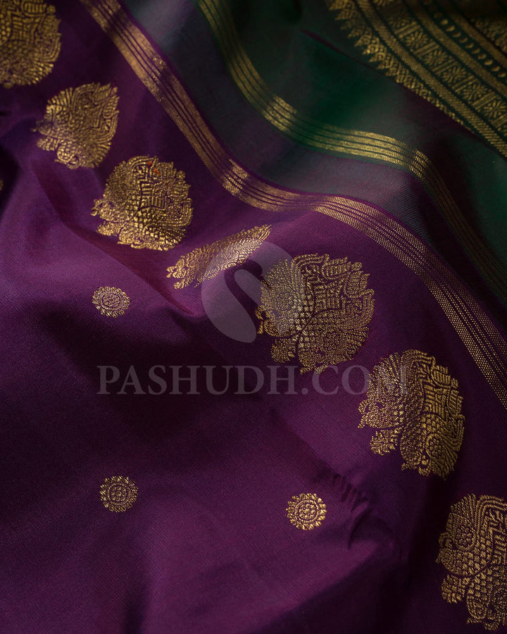 Purple And Bottle Green Traditional Borderless Pure Zari Kanjivaram Silk Saree-SP279