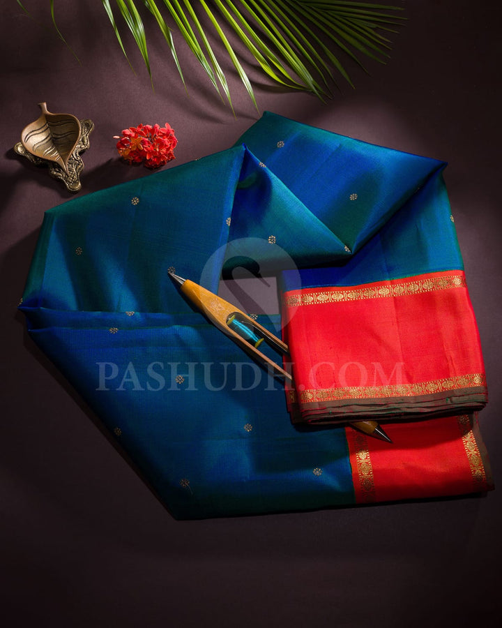 Peacock Blue With Bright Orange Pure Zari Kanjivaram Silk Saree-SP263