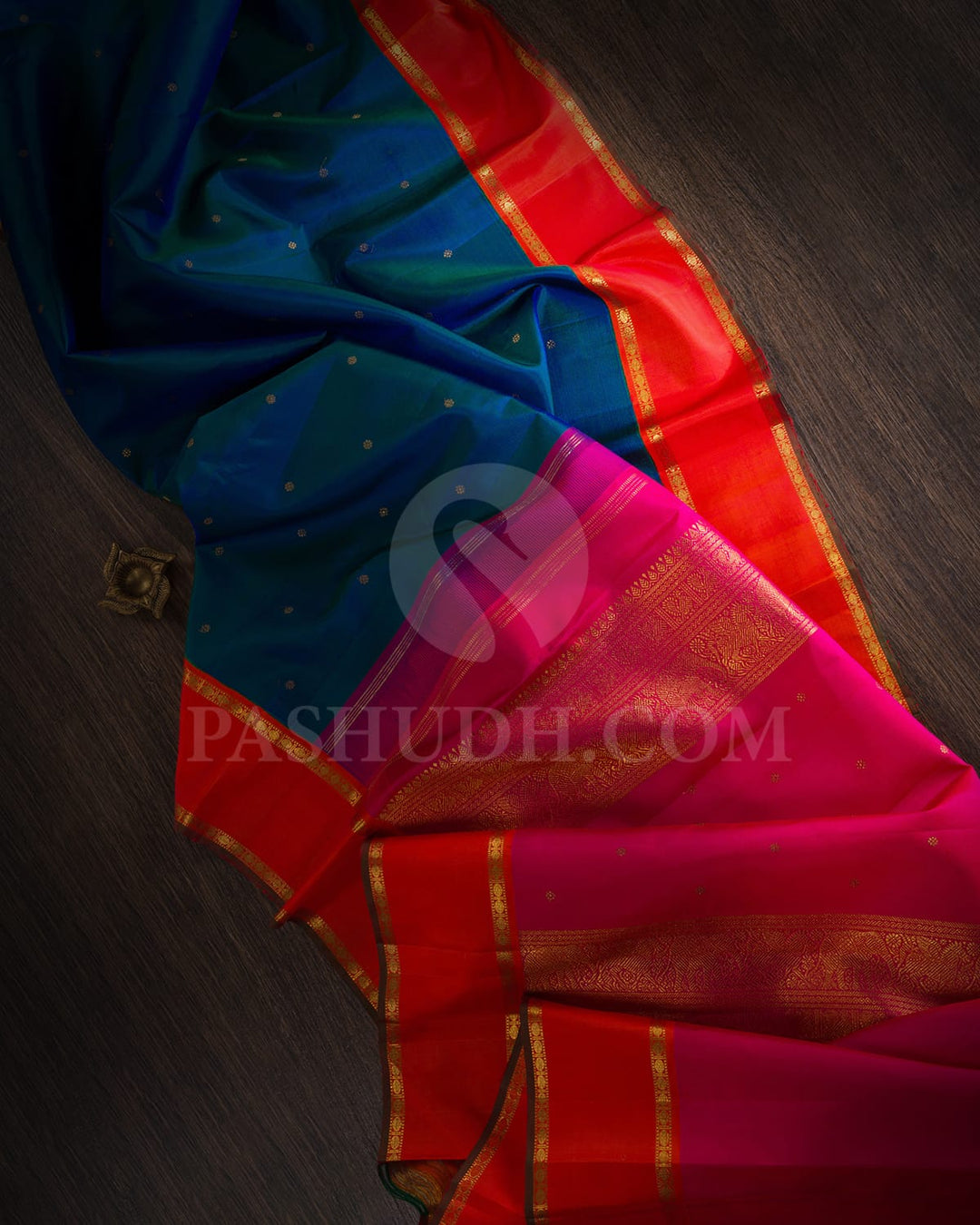 Peacock Blue With Bright Orange Pure Zari Kanjivaram Silk Saree-SP263