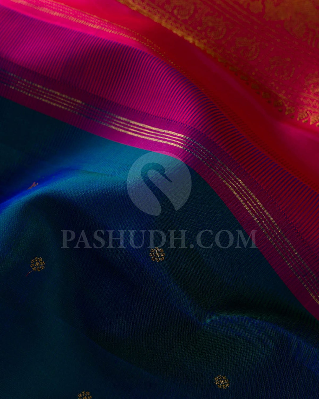 Peacock Blue With Bright Orange Pure Zari Kanjivaram Silk Saree-SP263