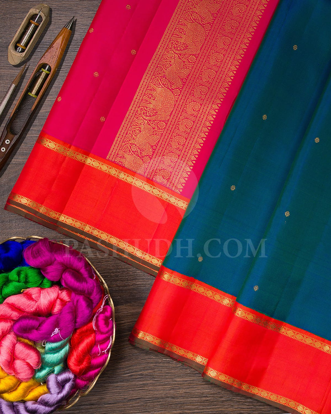 Peacock Blue With Bright Orange Pure Zari Kanjivaram Silk Saree-SP263