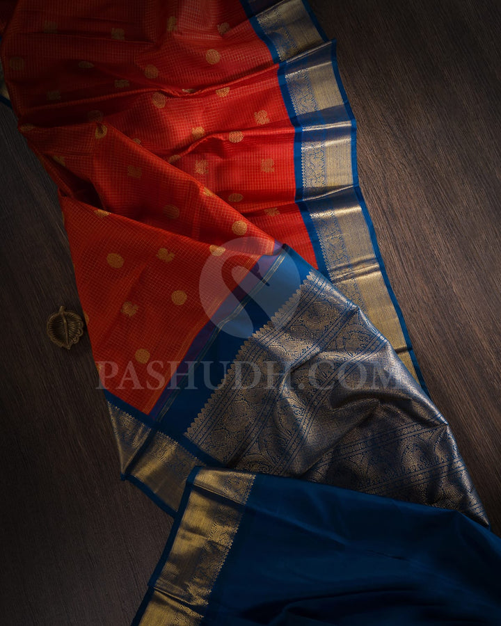 Rust And Cobalt Blue Pure Zari Kanjivaram Silk Saree-SP270