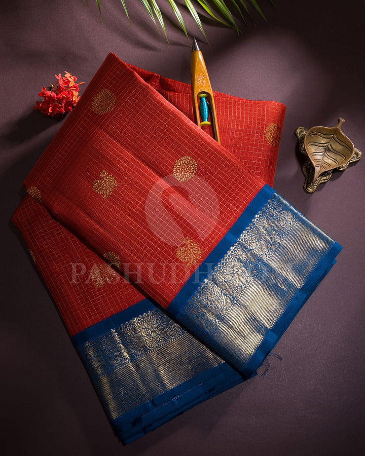 Rust And Cobalt Blue Pure Zari Kanjivaram Silk Saree-SP270