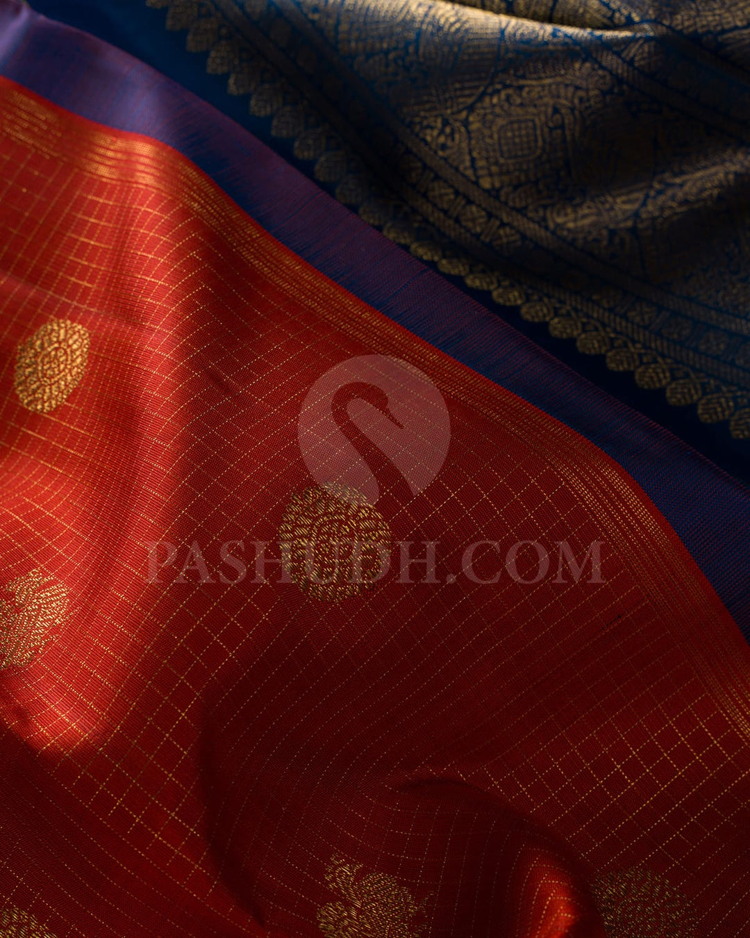 Rust And Cobalt Blue Pure Zari Kanjivaram Silk Saree-SP270