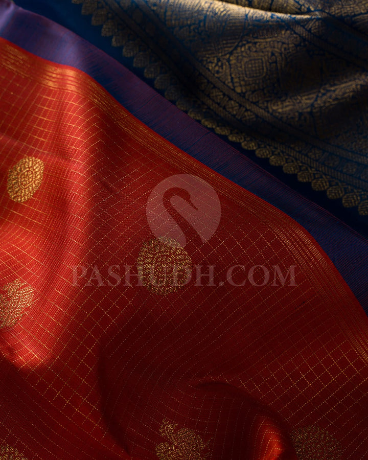Rust And Cobalt Blue Pure Zari Kanjivaram Silk Saree-SP270